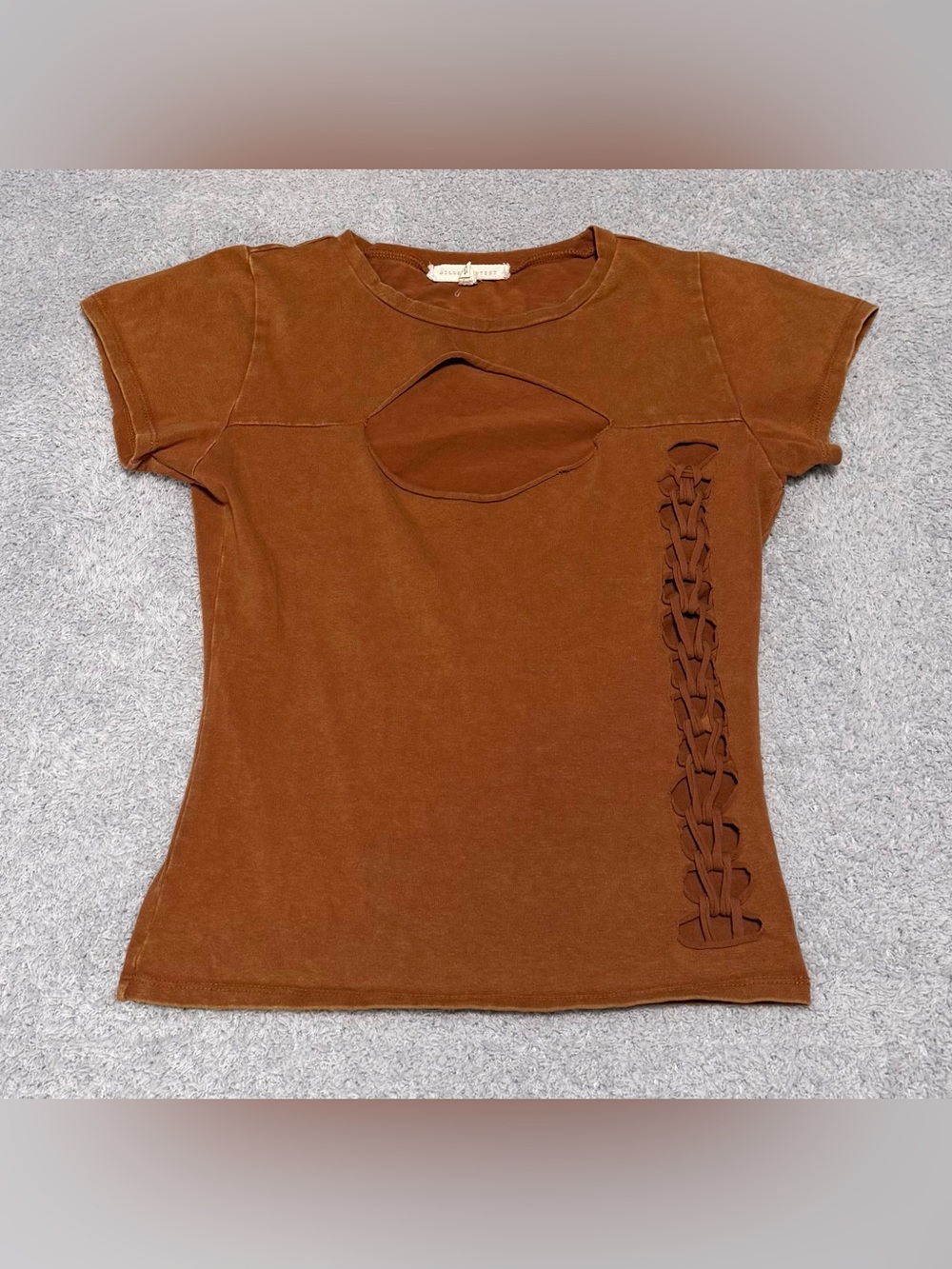 Gilded Intent Women’s Brown Cut Out Edgy Distressed Mineral Wash Shirt Size S